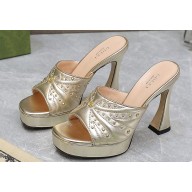 Gucci Heel 11cm Platform 2.5cm Studs slide sandals 723404 Metallic Gold 2023