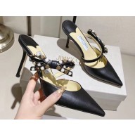 Jimmy Choo Heel 8.5cm Leather Pointed-Toe Mules Black with stud-embellished Bow 2023
