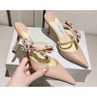 Jimmy Choo Heel 8.5cm Leather Pointed-Toe Mules Nude with stud-embellished Bow 2023