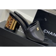 Chanel Gold Heel 5.5cm CC Logo Mules Black 2023