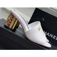 Chanel Gold Heel 5.5cm CC Logo Mules White 2023