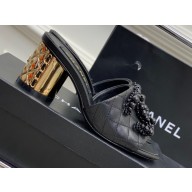 Chanel Gold Heel 5.5cm Pearl CC Logo Mules Black 2023