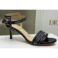 Dior Heel 6.5cm Cotton Embroidered with Strass Dway Sandals Black 2023