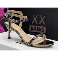 Dior Heel 6.5cm Embroidered with Multicolor Square Strass Gem Sandals Silver 2023