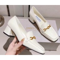 Jimmy Choo Heel 5cm Diamond Talura Soft Patent Leather Loafers White with Chain 2023