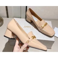 Jimmy Choo Heel 5cm Diamond Talura Soft Patent Leather Loafers Beige with Chain 2023
