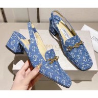 Jimmy Choo Heel 5cm Diamond Talura Sling Back Pumps Denim JC Monogram with Chain 2023