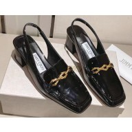 Jimmy Choo Heel 5cm Diamond Talura Soft Patent Leather Sling Back Pumps Black with Chain 2023