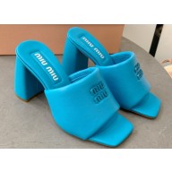 Miu Miu Heel 8.5cm Metal lettering logo Leather sandals Blue 2023