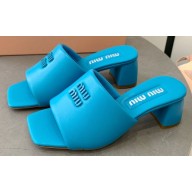 Miu Miu Heel 4.5cm Metal lettering logo Leather sandals Blue 2023