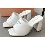 Miu Miu Heel 8.5cm Metal lettering logo Leather sandals White 2023