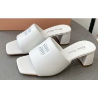 Miu Miu Heel 4.5cm Metal lettering logo Leather sandals White 2023