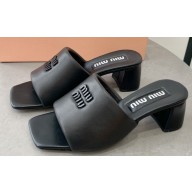 Miu Miu Heel 4.5cm Metal lettering logo Leather sandals Black 2023