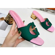 Cheap Sale Gucci Heel 5cm Interlocking G cut-out sandals suede Pink/Green 2023