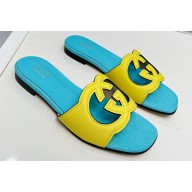 Cheap Sale Gucci Interlocking G cut-out slide sandals suede Blue/Yellow 2023