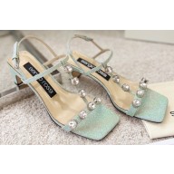 Sergio Rossi Heel 5cm Glitter T-strap Sandals Green with Crystals 2023