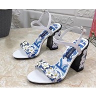 Dolce & Gabbana Heel 10.5cm Blue Printed Floral Sandals White 2023