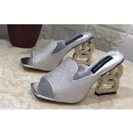 Dolce & Gabbana DG Pop Heel 10.5cm Leather Mules Silver with fusible rhinestone 2023