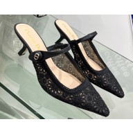 Dior Heel 6.5cm Capture Mules in Transparent Mesh Embroidered with Black Saint-Gall Motif 2023