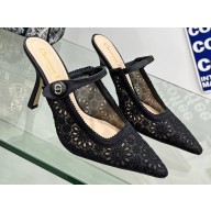 Dior Heel 9.5cm Capture Mules in Transparent Mesh Embroidered with Black Saint-Gall Motif 2023