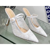Dior Heel 9.5cm Capture Mules in Transparent Mesh Embroidered with White Saint-Gall Motif 2023