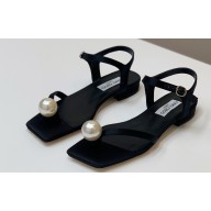Jimmy Choo Satin Flat Sandals Black with Pearl embellished 2023