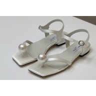 Jimmy Choo Satin Flat Sandals Creamy with Pearl embellished 2023