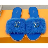 Louis Vuitton Mink Fur Lock It Flat Mules Blue 2023