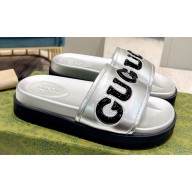 Gucci script Leather Slide Sandals Silver/Black 2023