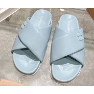 Miu Miu Leather slides Blue with metal lettering logo 2023