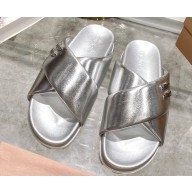 Miu Miu Leather slides Silver with metal lettering logo 2023