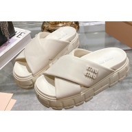Miu Miu Leather Platform slides Creamy with metal lettering logo 2023