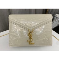 Saint Laurent cassandra medium chain bag in crocodile-embossed shiny leather 532750 White