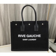 Saint Laurent rive gauche small shopping Tote bag in linen and leather 617481 Black