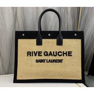 Saint Laurent rive gauche shopping Tote bag in embroidered raffia and vegetable-tanned leather 499290 Black