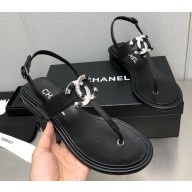 Chanel Metal CC Logo Thong Sandals Grained Leather Black 2023