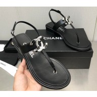 Chanel Metal CC Logo Thong Sandals Smooth Leather Black 2023