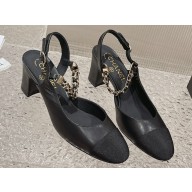 Chanel Heel 6.5cm Chain Lambskin Grosgrain & Metal Pumps Slingbacks G45092 Black 2023