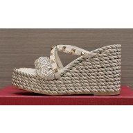 Valentino Heel 9.5cm Platform 3.5cm Rockstud wedge sandals in calfskin leather White with silk cords 2023