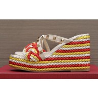 Valentino Heel 9.5cm Platform 3.5cm Rockstud wedge sandals in calfskin leather White/Red/Yellow with silk cords 2023