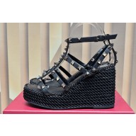 Valentino Heel 9.5cm Platform 3.5cm Rockstud ankle strap wedge sandals in calfskin Black 2023