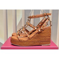 Valentino Heel 9.5cm Platform 3.5cm Rockstud ankle strap wedge sandals in calfskin Brown 2023