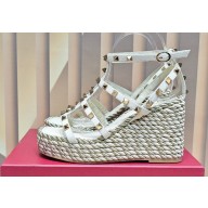 Valentino Heel 9.5cm Platform 3.5cm Rockstud ankle strap wedge sandals in calfskin White 2023