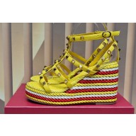 Valentino Heel 9.5cm Platform 3.5cm Rockstud ankle strap wedge sandals in calfskin Yellow/Red/White 2023
