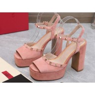 Valentino Heel 11cm Platform 3cm Leather Rockstud ankle strap sandals Suede Pink 2023