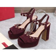 Valentino Heel 11cm Platform 3cm Leather Rockstud ankle strap sandals Suede Burgundy 2023