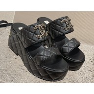 Chanel Heel 7.5cm Gold CC Logo Lambskin Quilting Platform Mules Sandals Black 2023