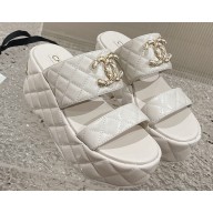 Chanel Heel 7.5cm Gold CC Logo Lambskin Quilting Platform Mules Sandals White 2023