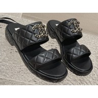 Chanel Heel 3cm Gold CC Logo Lambskin Quilting Mules Sandals Black 2023