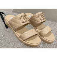 Chanel Heel 3cm Gold CC Logo Lambskin Quilting Mules Sandals Beige 2023